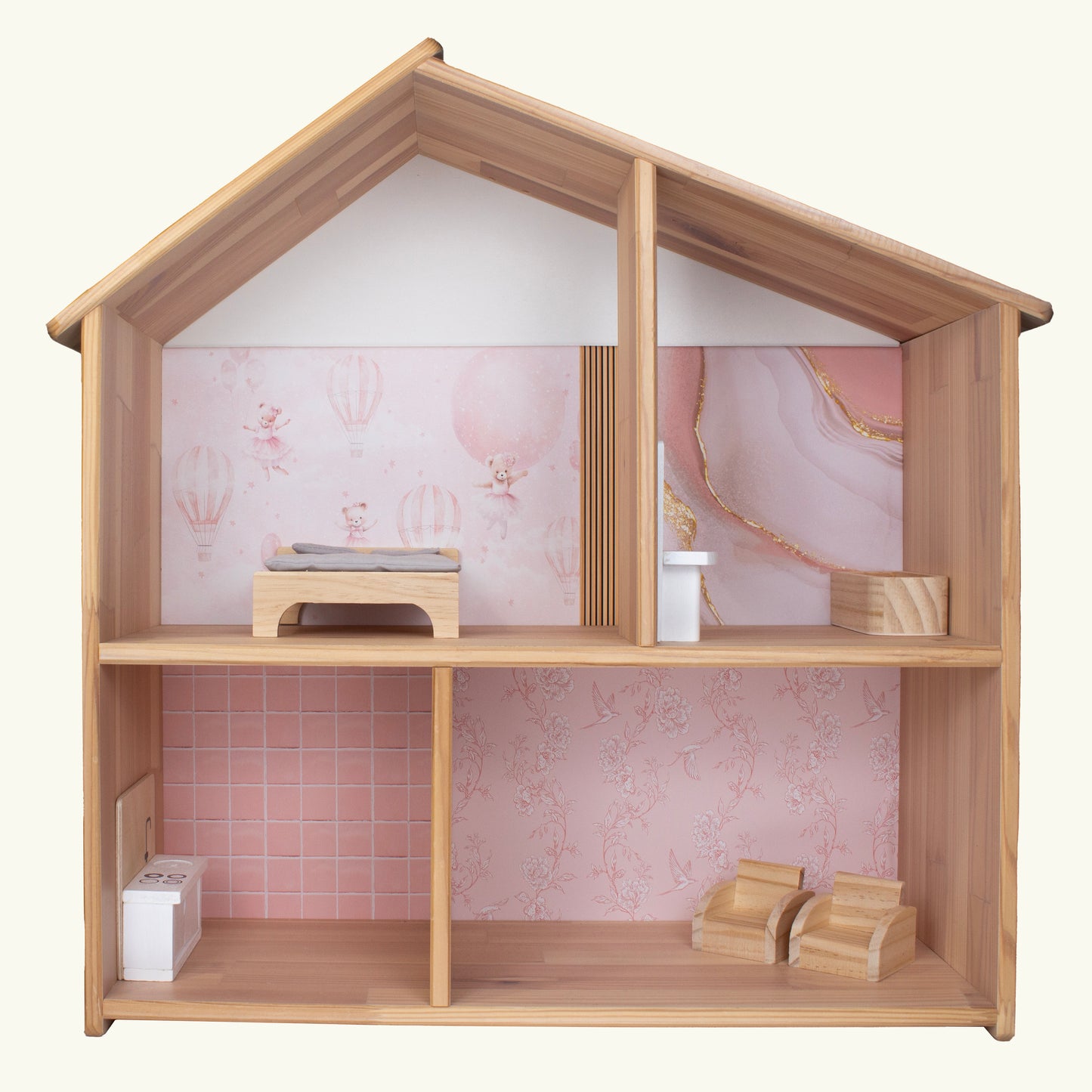 Sticker, Stikker, Plakfolie, IKEA Flisat, Opknappen, Poppenhuis, Poppenhuis Make-over, Tweedehands, Flisat, Behang, Poppenhuis Behang, Achterwandsticker, Achterwandbehang, Zelfkleven Behang, Rose, roos, beer, marmer, vogel, Maison Rose, Maison Rosé, hack