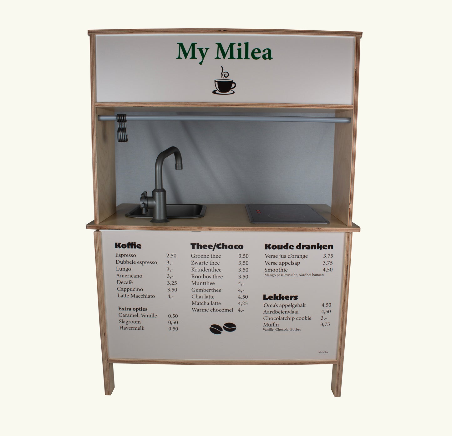 DUKTIG keukentje met koffiebar sticker achterwand met menu, naam is te personaliseren