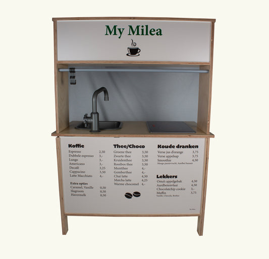 DUKTIG keukentje met koffiebar sticker achterwand met menu, naam is te personaliseren