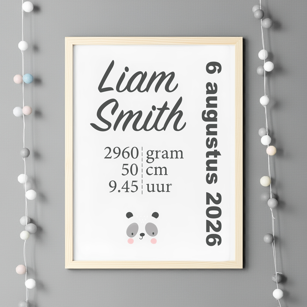 Gepersonaliseerde Geboorteposter Panda Kraamcadeau A4 Personalised Naam Geboortedatum Gewicht Lengte Gepersonaliseerd