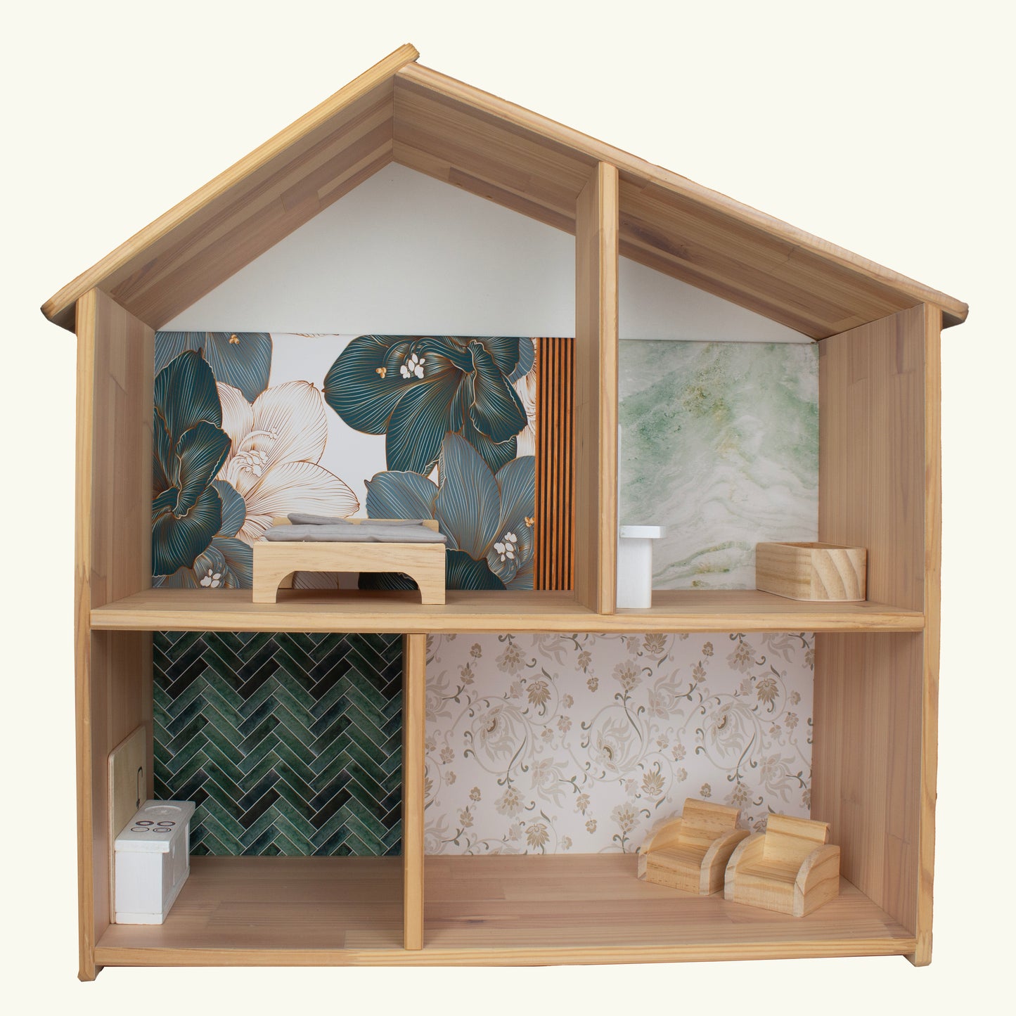 Sticker, Stikker, Plakfolie, IKEA Flisat, Opknappen, Poppenhuis, Poppenhuis Make-over, Tweedehands, Flisat, Behang, Poppenhuis Behang, Achterwandsticker, Achterwandbehang, Zelfkleven Behang, Groen, Little Green