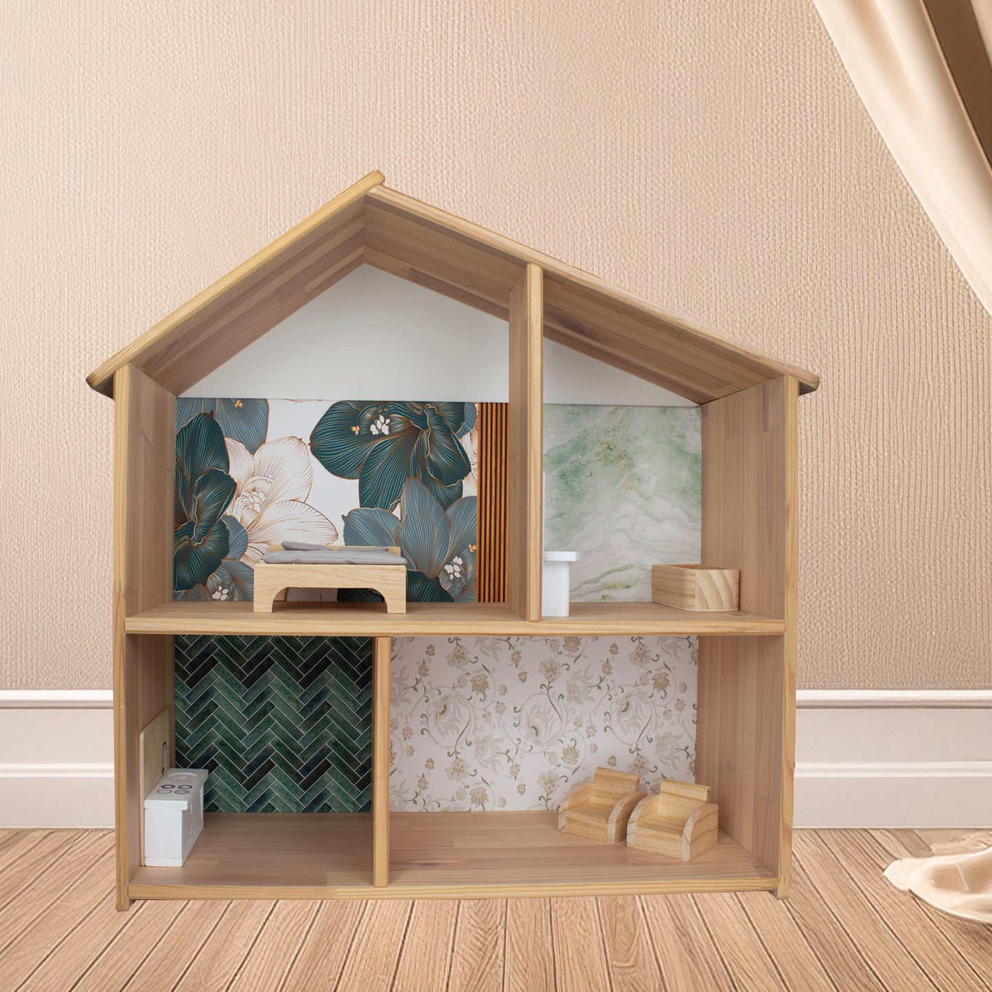 Poppenhuis sticker met bloemen, marmer badkamer, visgraattegels in groentint