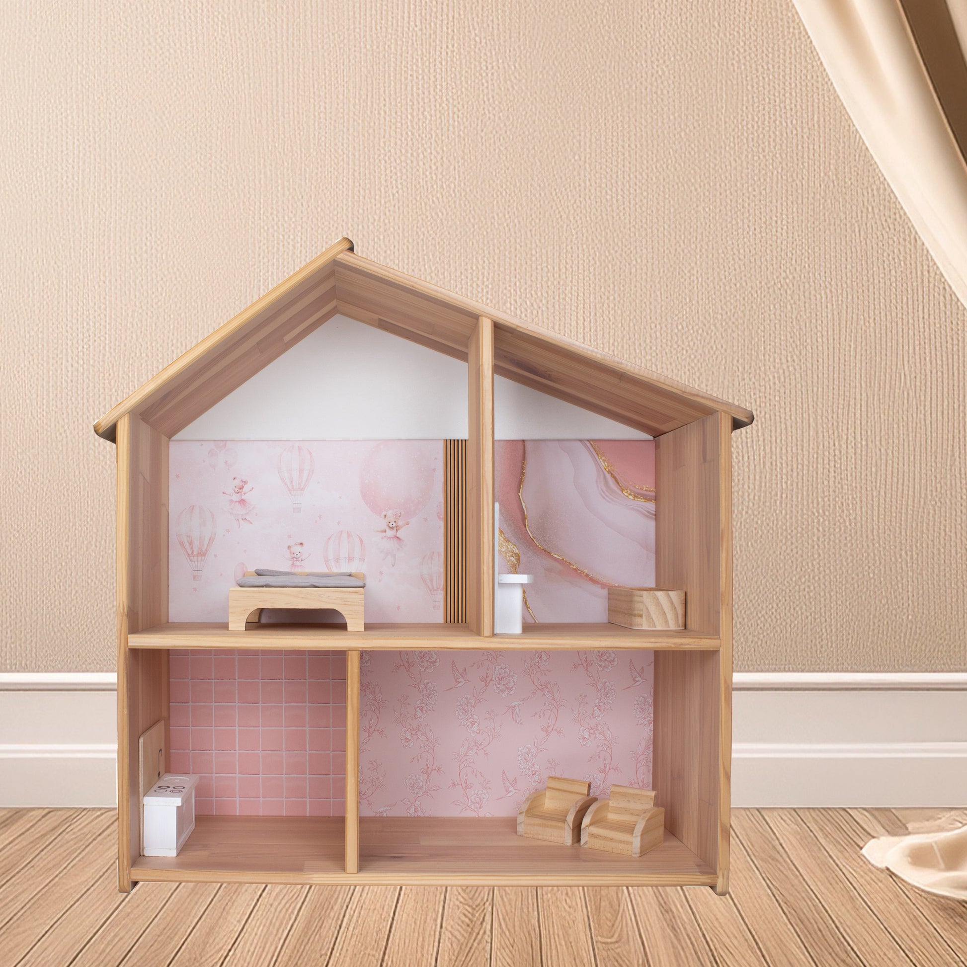 Poppenhuis sticker met dromerig luchtballonontwerp in rozetinten