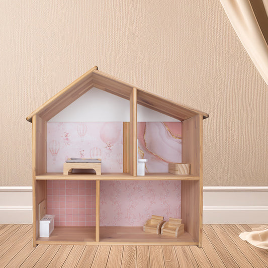 Poppenhuis sticker met dromerig luchtballonontwerp in rozetinten