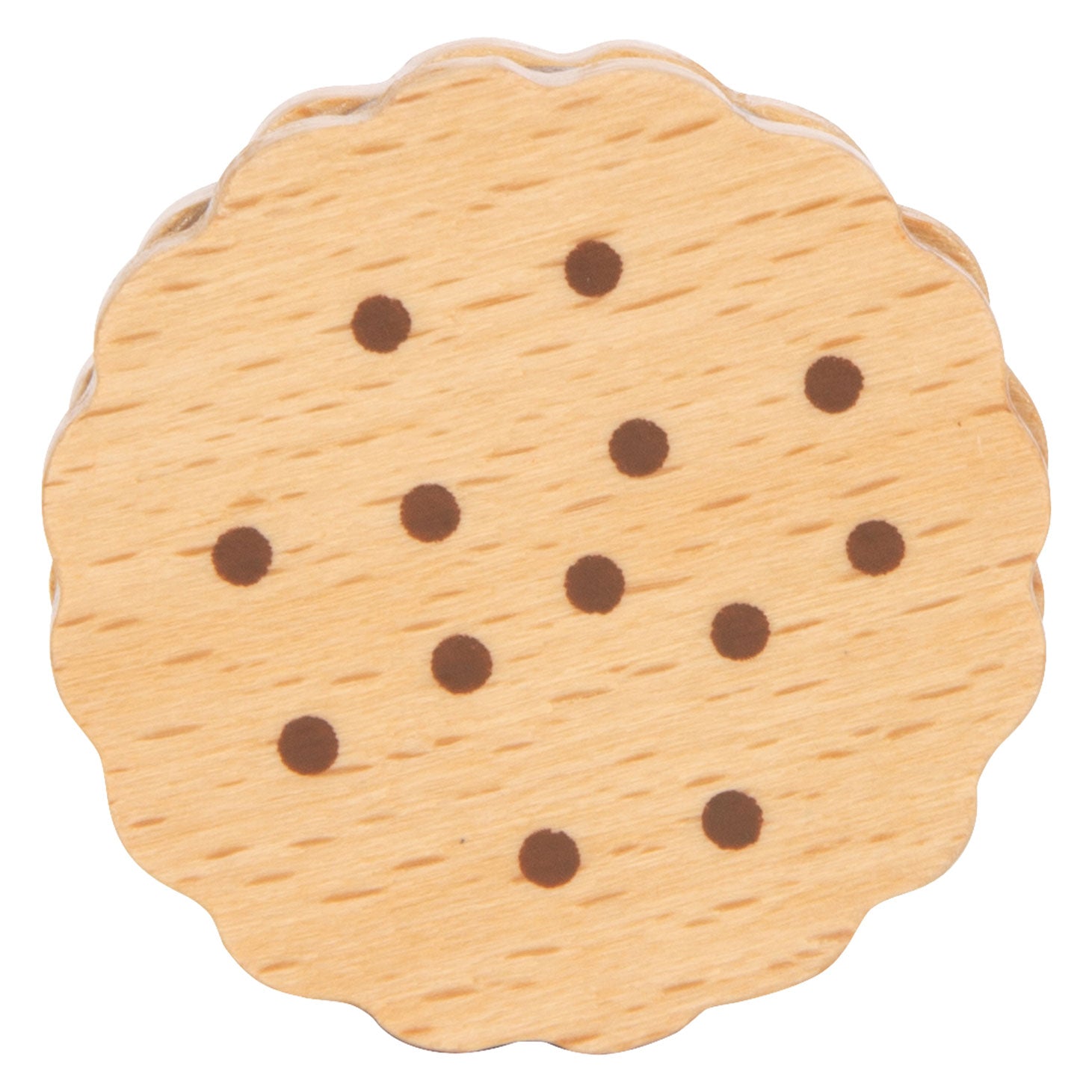 Bovenaanzicht van één houten speelgoedkoekje met chocoladevulling - veilig en duurzam speelkeukenspeelgoed voor kinderen vanaf 3 jaar. Te koop bij My Milea