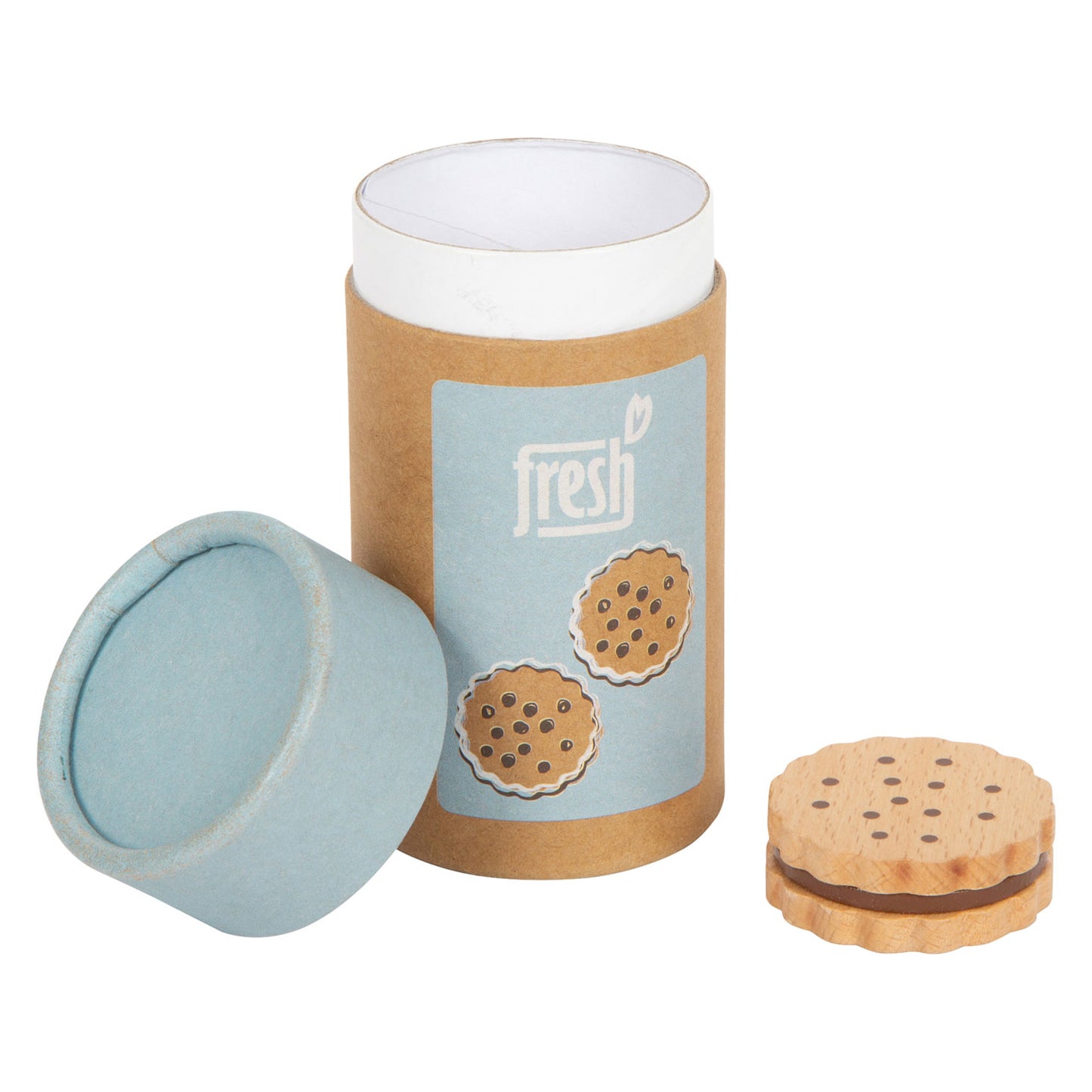 Cilindervormige verpakking met blauwe deksel en illustraties van koekjes, met één houten speelgoedkoekje met chocoladevulling ernaast. Verkrijgbaar bij My Milea