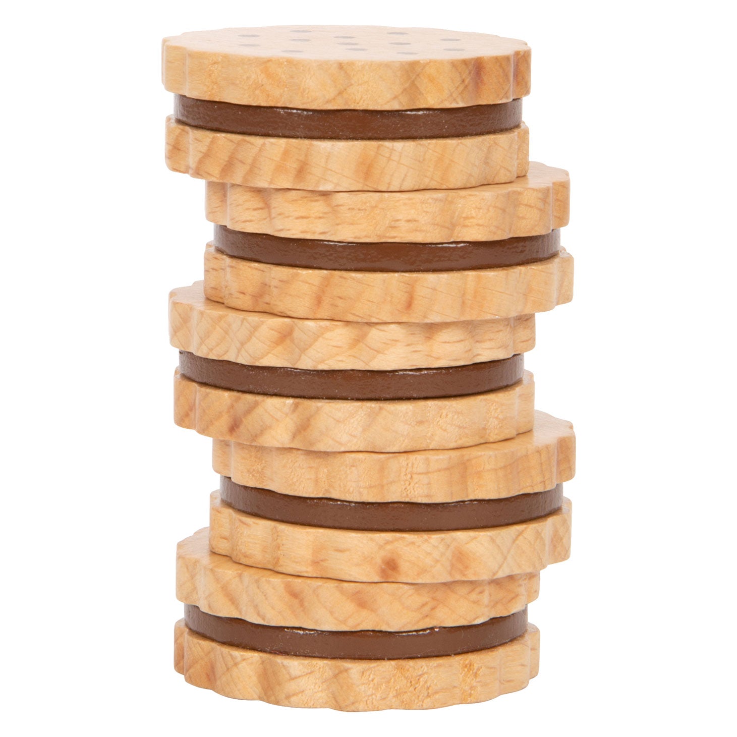 Stapeltje houten speelgoedkoekjes met chocoladevulling - duurzaam speelgoed voor kinderen vanaf 3 jaar. Ideaal voor rollenspel en speelkeukens. Verkrijgbaar bij My Milea.