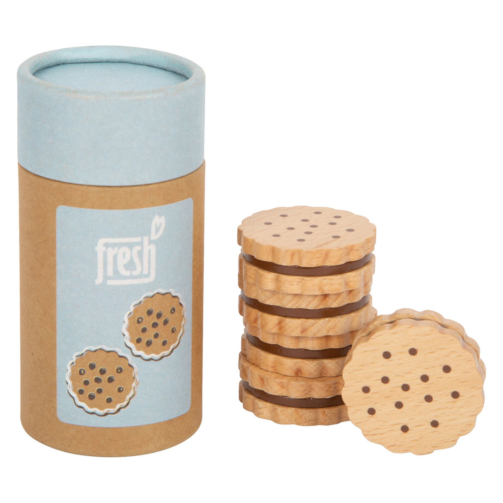 Set van houten speelgoedkoekjes met chocoladevulling in een stijlvol opbergkokertje - perfect voor fantasiespel en kinderkeukentjes. Verkrijgbaar bij My Milea.