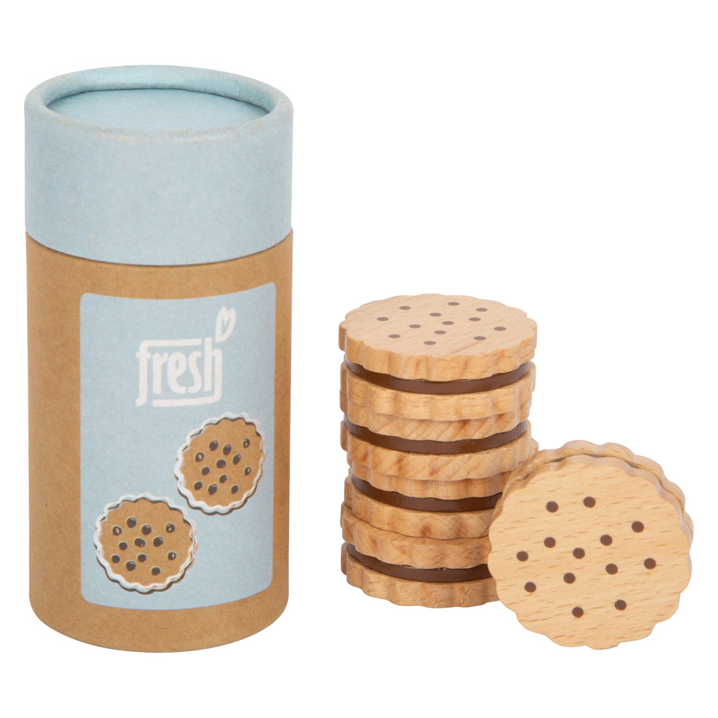 Set van houten speelgoedkoekjes met chocoladevulling in een stijlvol opbergkokertje - perfect voor fantasiespel en kinderkeukentjes. Verkrijgbaar bij My Milea.