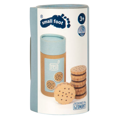 Cilindervormige speelgoedverpakking met blauwe deksel en koekjesillustraties - geschikt voor kinderen vanaf 3 jaar