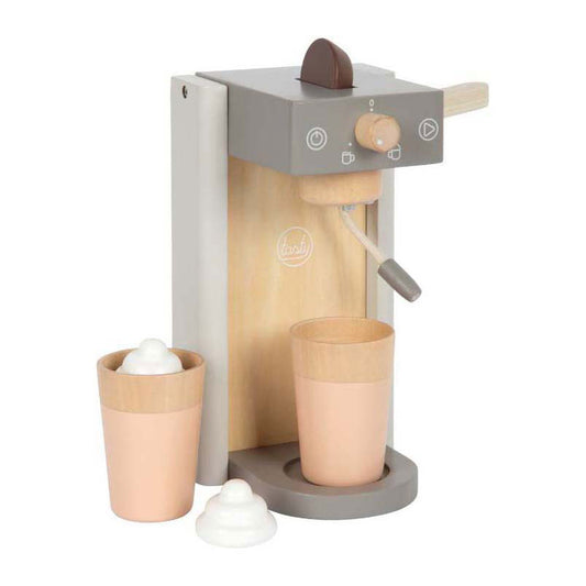 Speelgoed koffiemachine van hout met twee bekertjes en melkschuimtopping
