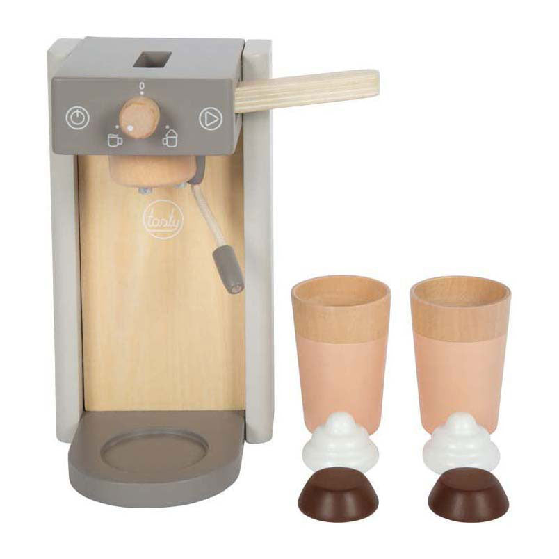 Kinder koffiesetje van hout met twee kopjes en schuimtopping