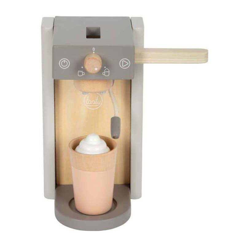 Houten speelgoed koffiemachine met schuimlaag in de beker 