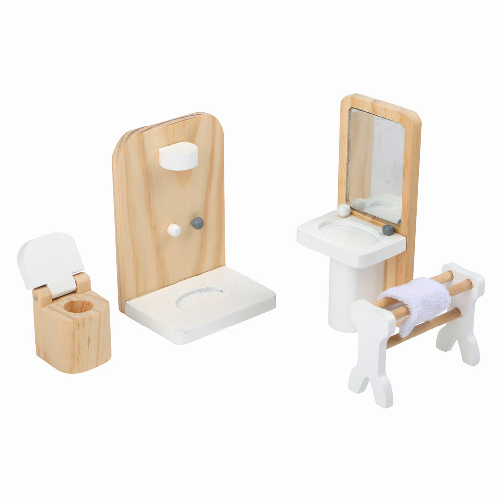 Poppenhuis badkamermeubels van hout met spiegel, douche, toilet met klapdeksel en wasrekje met handdoek