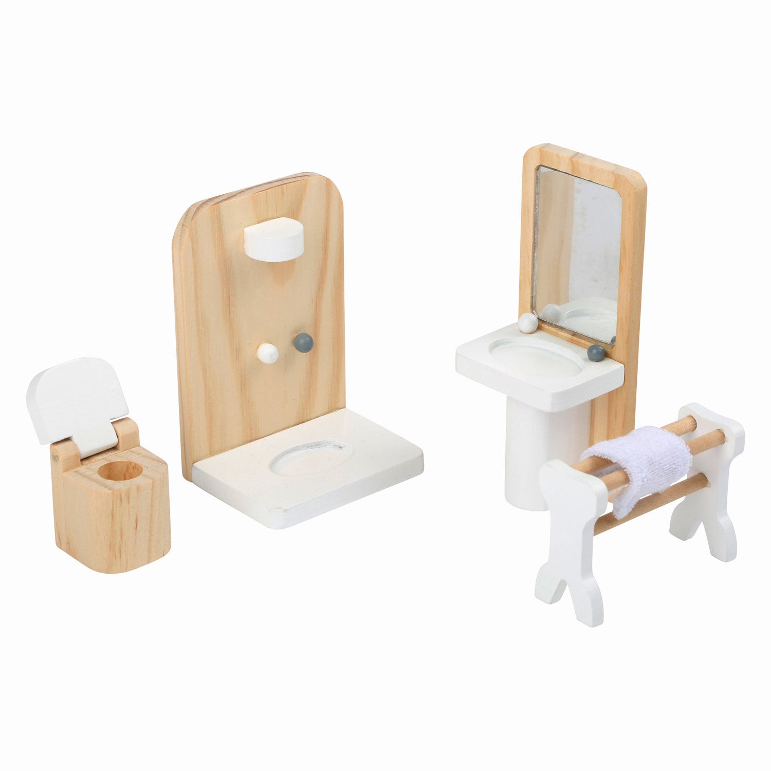 Poppenhuis badkamermeubels van hout met spiegel, douche, toilet met klapdeksel en wasrekje met handdoek