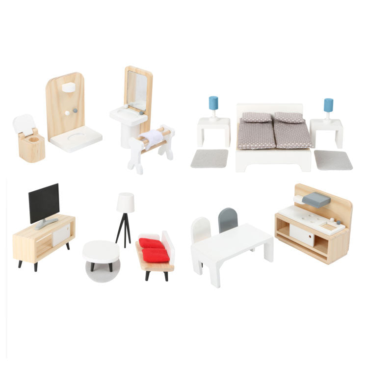 Complete set houten poppenhuismeubeltjes in Scandinavisch design, bestaande uit meubels voor woonkamer, keuken, slaapkamer en badkamer in natuurlijke hout‑ en pasteltinten