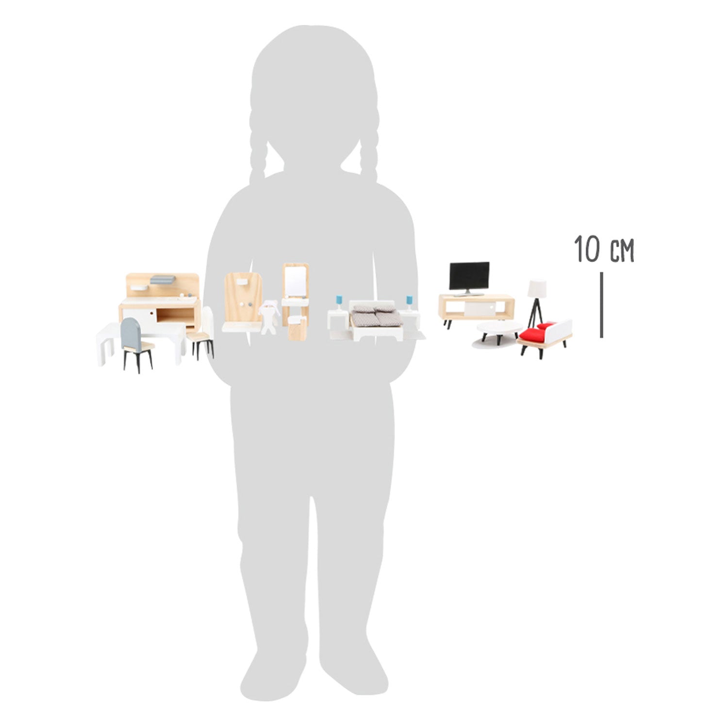 Vergelijking van poppenhuismeubels van 10 cm hoog met silhouet van kind