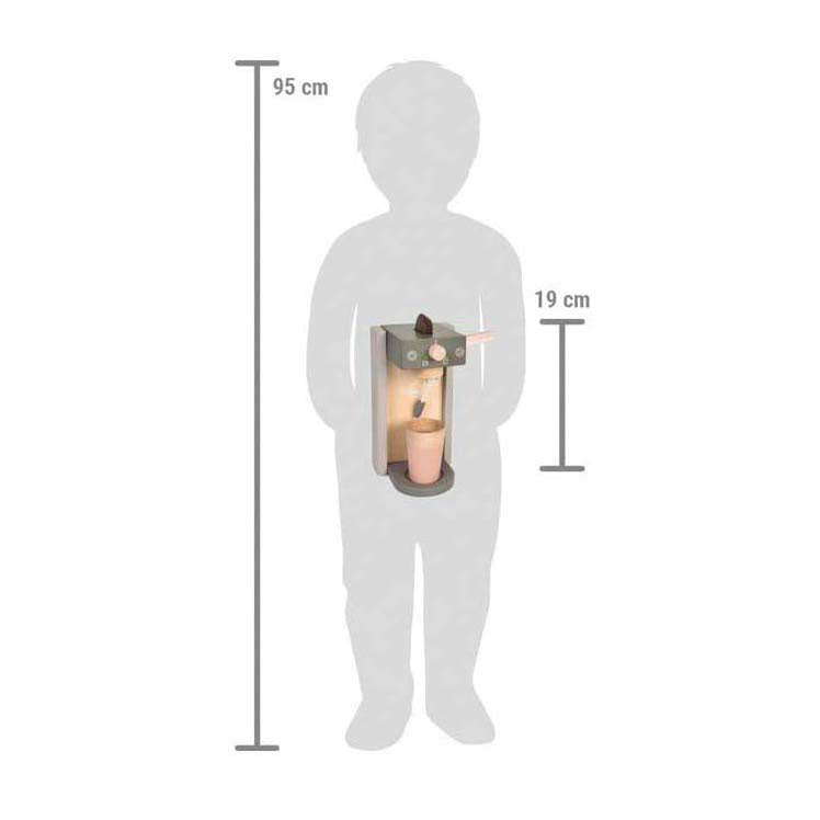 Schaalbeeld van koffiemachine speelgoed naast kind van circa 95 cm groot