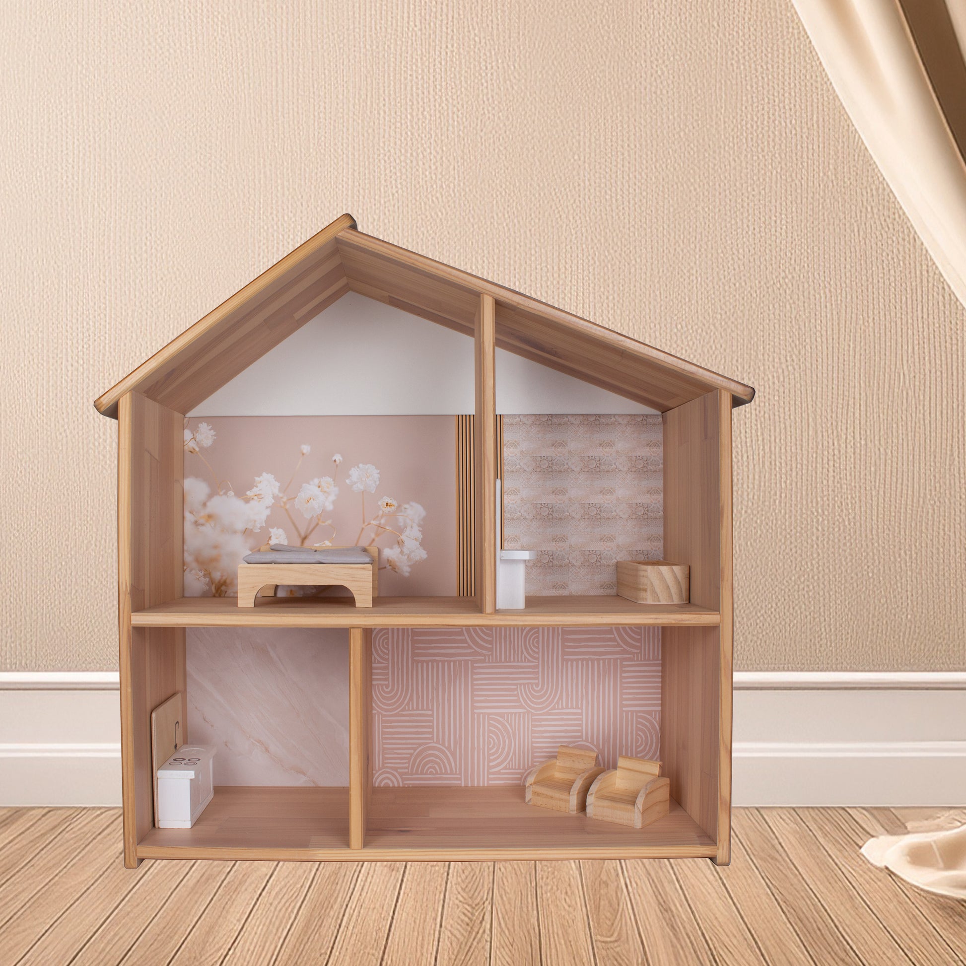 Poppenhuis sticker met gipskruid, marrokkaanse tegeltjes en geometrisch behang in pasteltinten